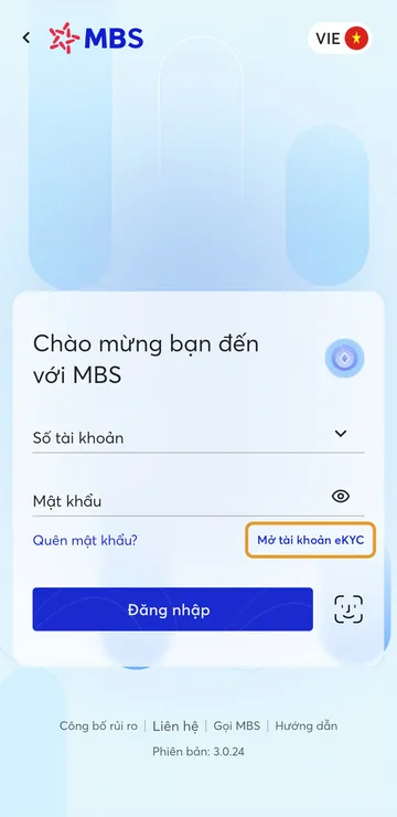 Màn hình đăng nhập của MBS Mobile App, liên kết “Mở tài khoản eKYC” được khoanh vàng
