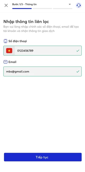 Màn hình “Nhập thông tin liên lạc” với hai ô số điện thoại và email