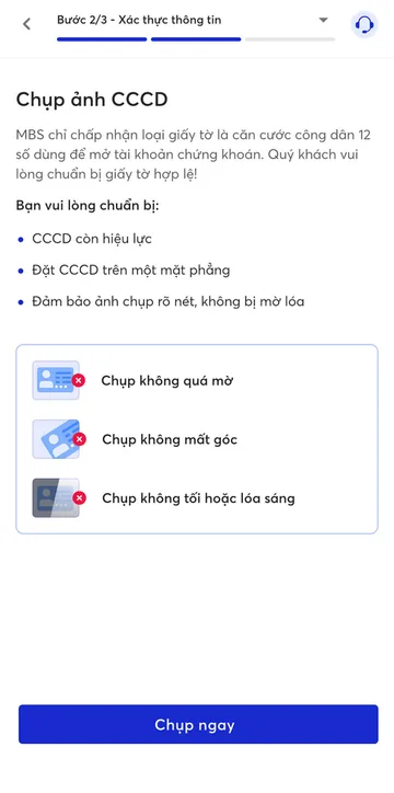 Màn hình hướng dẫn chụp căn cước công dân: đặt thẻ trên mặt phẳng, chụp rõ nét, không mất góc, không tối hoặc lóa sáng