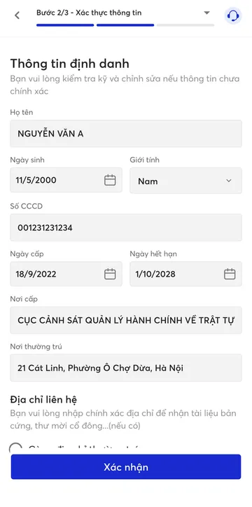 Màn hình “Thông tin định danh” để kiểm tra họ tên, ngày sinh, số căn cước và địa chỉ (dữ liệu mẫu)