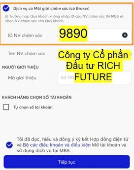 Lựa chọn “Dịch vụ có Môi giới chăm sóc (có Broker)” đang được chọn, ô “ID NV chăm sóc” điền 9890 và được khoanh vàng; ô “Mã giới thiệu” ở mục “Người giới thiệu” để trống