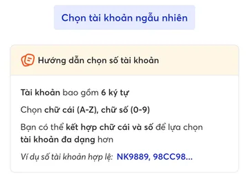 Màn hình chọn số tài khoản: nút “Chọn tài khoản ngẫu nhiên” và hướng dẫn số tài khoản gồm 6 ký tự