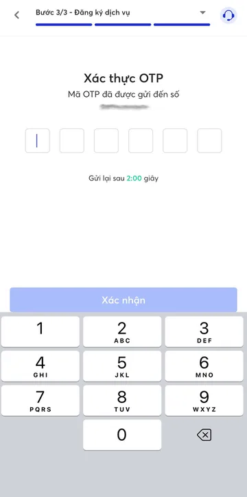Màn hình nhập mã OTP gồm sáu ô, gửi về số điện thoại