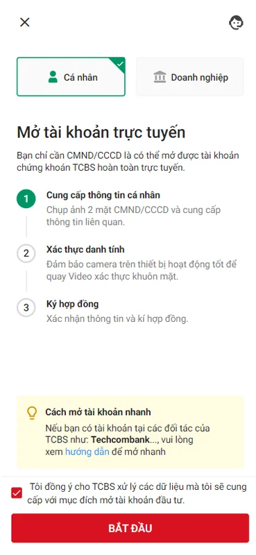 Màn hình “Mở tài khoản trực tuyến” của TCInvest: chọn Cá nhân, tích đồng ý và bấm Bắt đầu
