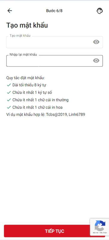 Màn hình tạo mật khẩu kèm các quy tắc đặt mật khẩu