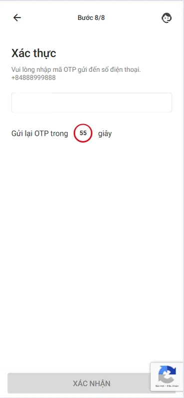 Màn hình nhập mã OTP gửi về số điện thoại