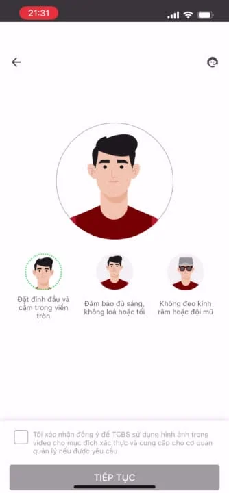 Màn hình xác thực danh tính: đặt khuôn mặt trong vòng tròn, đủ sáng, không đeo kính râm hay đội mũ
