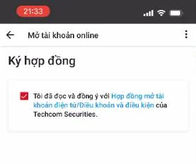 Màn hình ký hợp đồng với ô tích đồng ý hợp đồng mở tài khoản điện tử